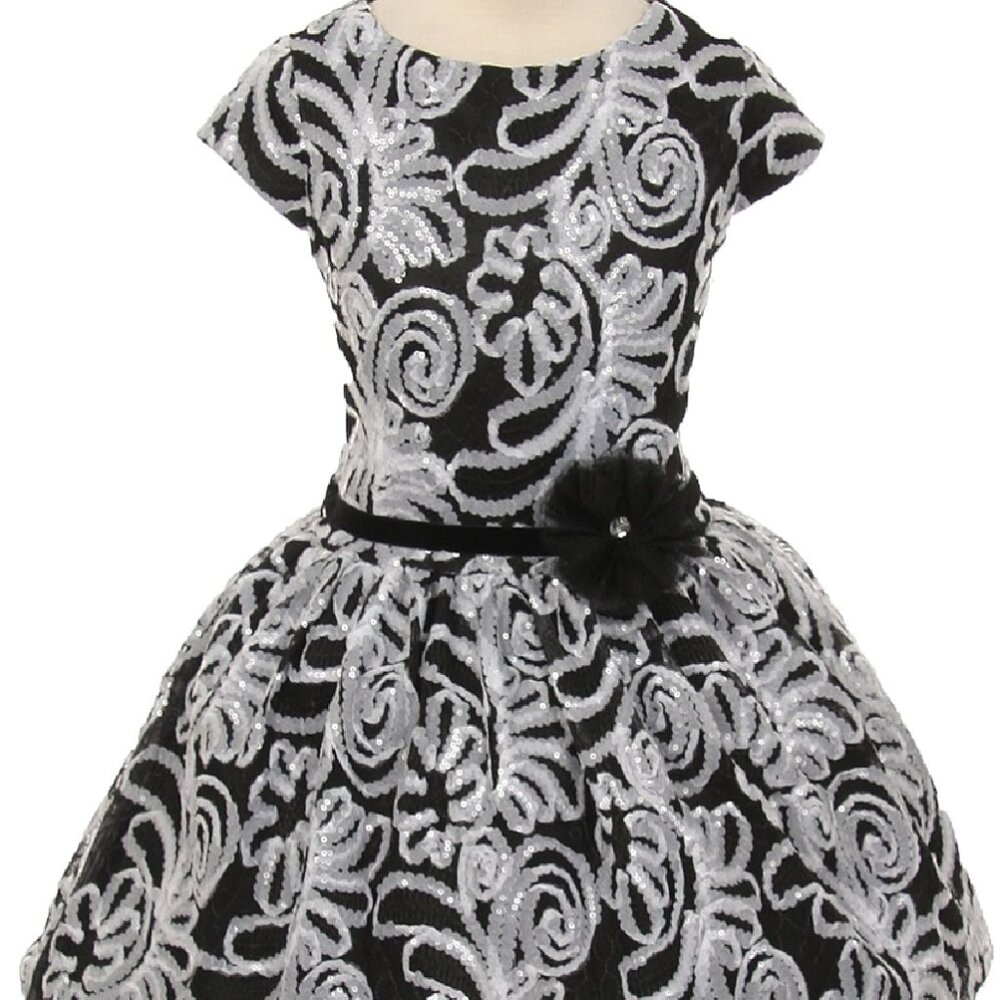 New Big Girls Short Sleeve Sequin Embroidered Flowers Girls Dresses Black 14 - Picture 2 of 7